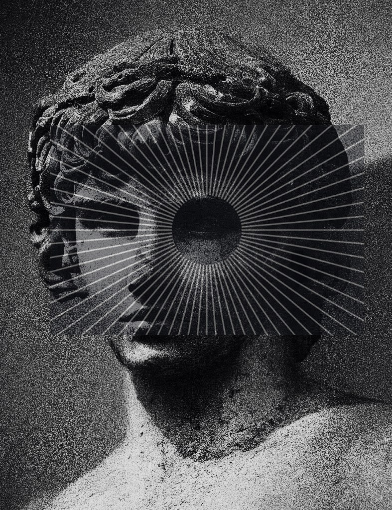 Marble bust with a navy sunburst across the eyes — the oracle needs no eyes